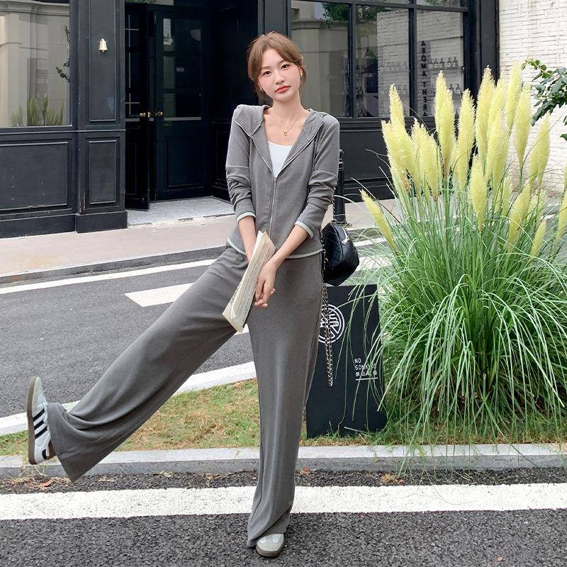 韩系慵懒休闲卫运动风灰色套装女202c108-7445秋连帽长拉链开衫衣
