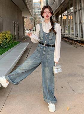 尚时休套装2025春秋条纹衬衫+牛仔宽松背带裤腿裤闲两件套XZXZ129