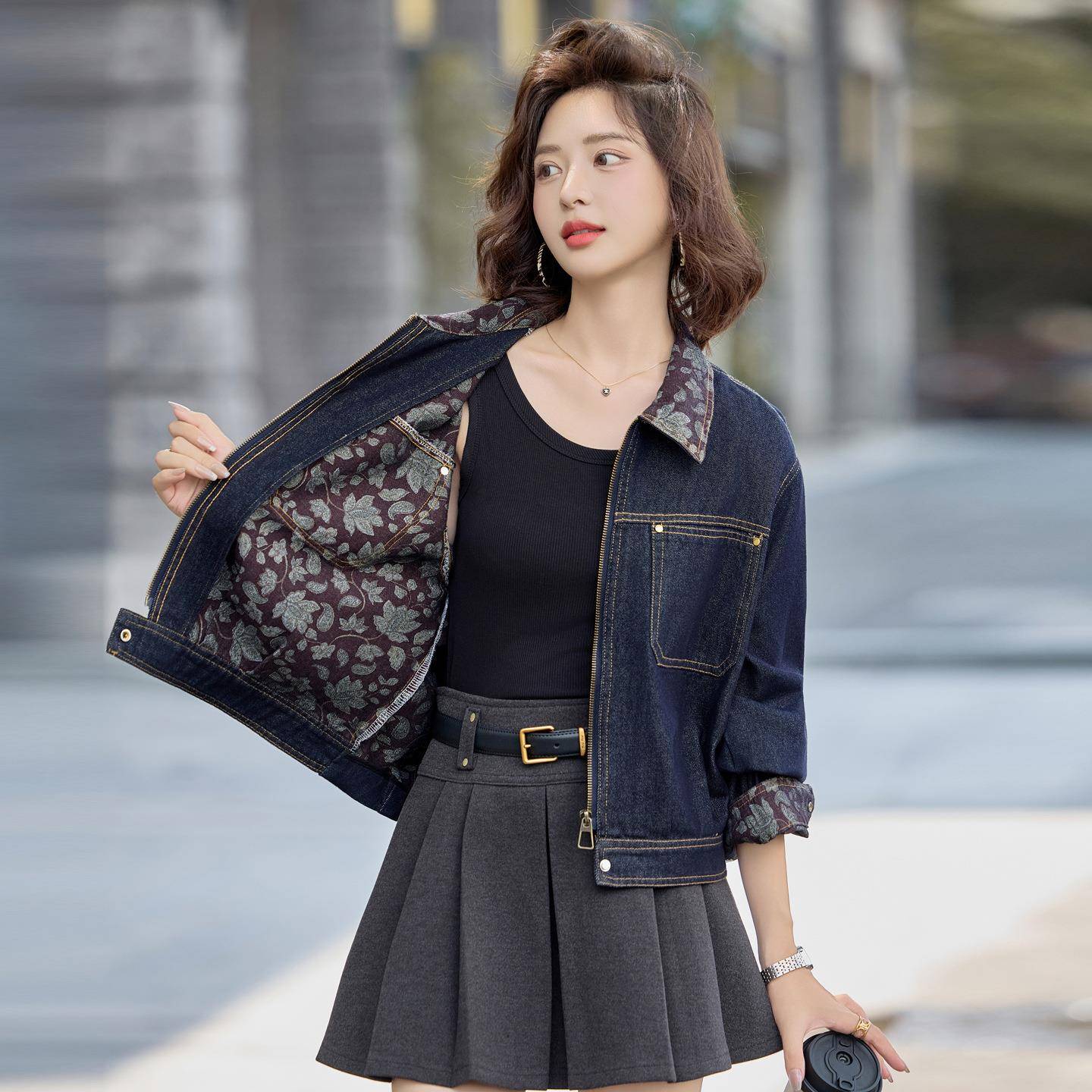 2撞025秋季U新款女装LU9072穿甜搭酷时髦色印花牛仔外套女士牛仔