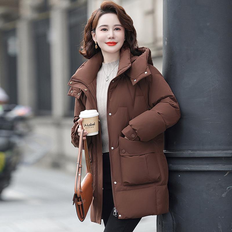 正品撤柜保妈妈90白鹅绒羽绒服女中纯长款宽时尚色松大口袋暖73-6