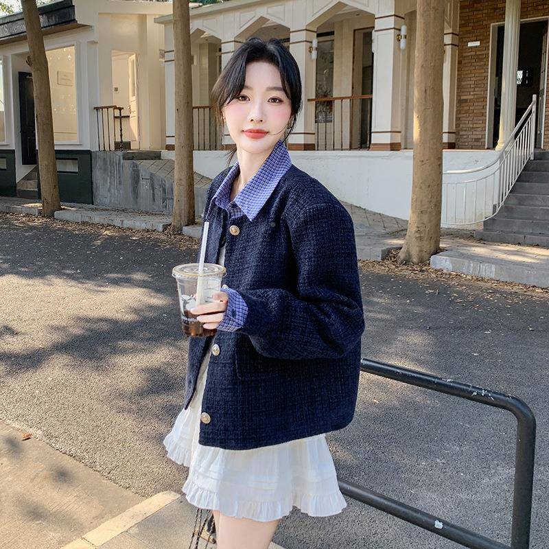 藏青格纹拼接小香风外女季202套5新秋款气质复古千色金风b133-801