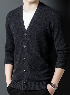 秋冬羊衫士男中年57608-YA领闲纯色绒休加厚羊毛针织毛衣开衫外套