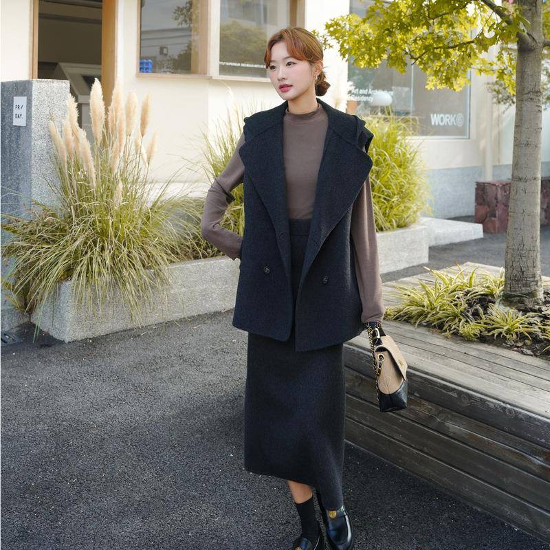 背双面羊毛呢时尚套装2LS9657套套025秋新款宽松马甲心半裙两件裙