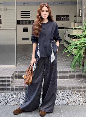 深上蓝色复古熟轻风时尚休闲套装女2025系秋带衣条纹阔C050-128腿