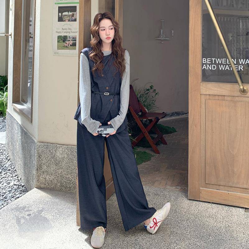 裤20瘦25秋新款气质通勤风宽松显套装女超火T恤马甲休的闲三C115-