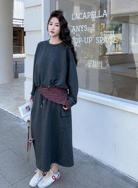 灰色格纹假两件卫衣两裙套装0B171-XW725新款女早韩秋系穿搭工装