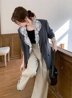 灰色别春致西设计感蕾丝接小装外B210-650套女2025新款法式通勤职