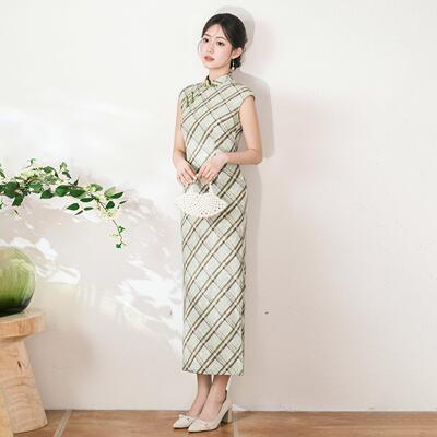 SY6024-0杭日风夏季新式新中款年轻款高派端格子常旗袍女连衣裙