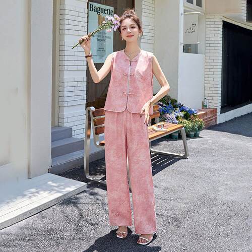 夏季新款短新中式HM159-05设计件薄款气质马直甲筒裤款两套裤
