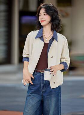 W2克025秋新款拼接格子短款宽松夹套外小个子短外套休闲上衣WWW25