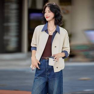 W2克025秋新款 宽松夹套外小个子短外套休闲上衣WWW25 拼接格子短款