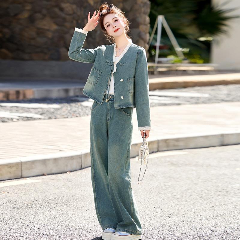 XH9186-0牛复古高级扣仔套装2052秋新款女减龄洋气盘阔腿裤两件套