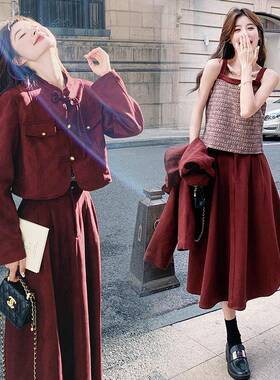 红色三新中式国酒红风色套装裙女秋季2025款小香C021-109外套新半