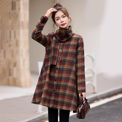 女式呢套秋HM2882-1冬款新毛宽松格子长款夹棉时尚保暖外套配围巾