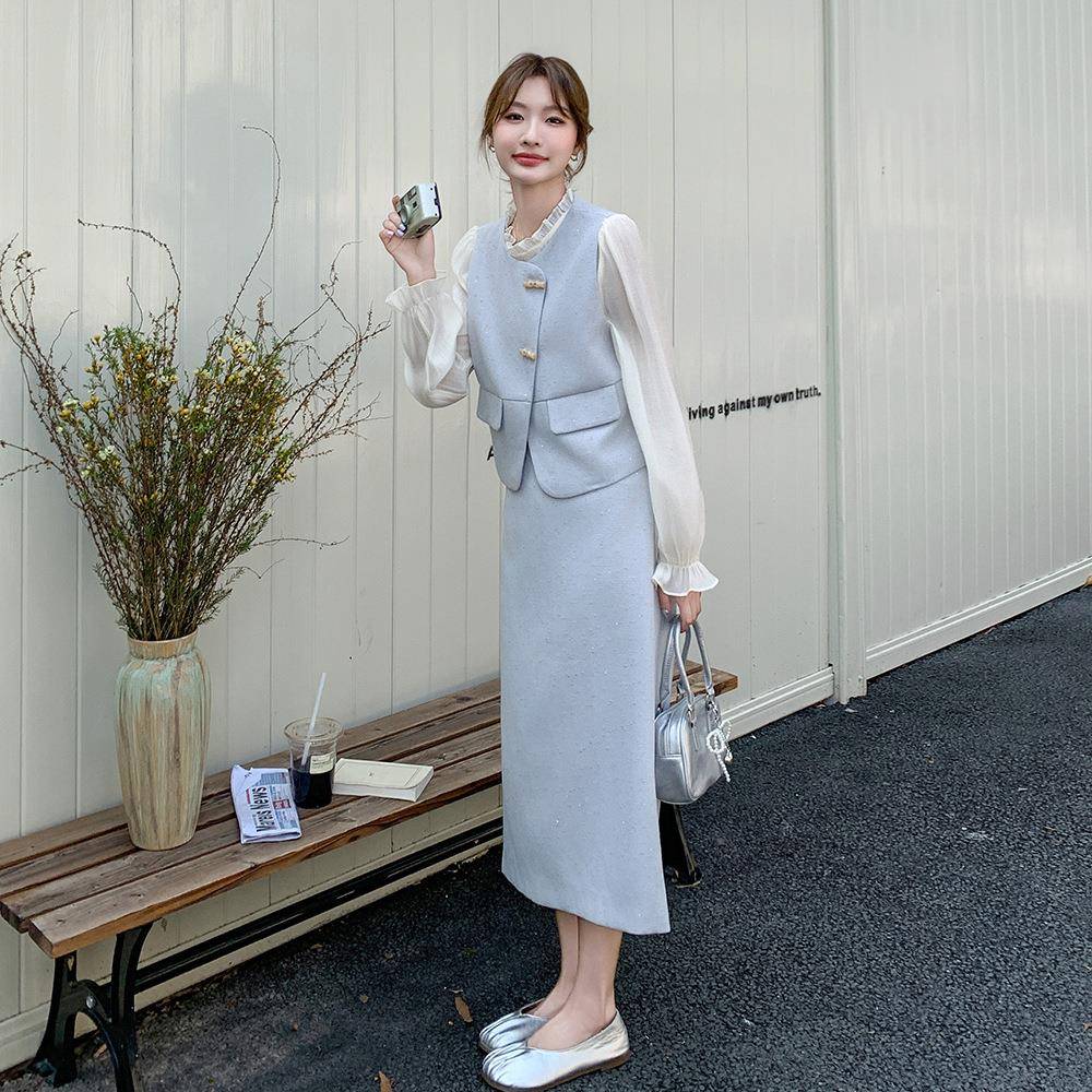浅蓝名马媛气质小香风甲套装裙女2025秋季色法式B176-889衬衫半裙