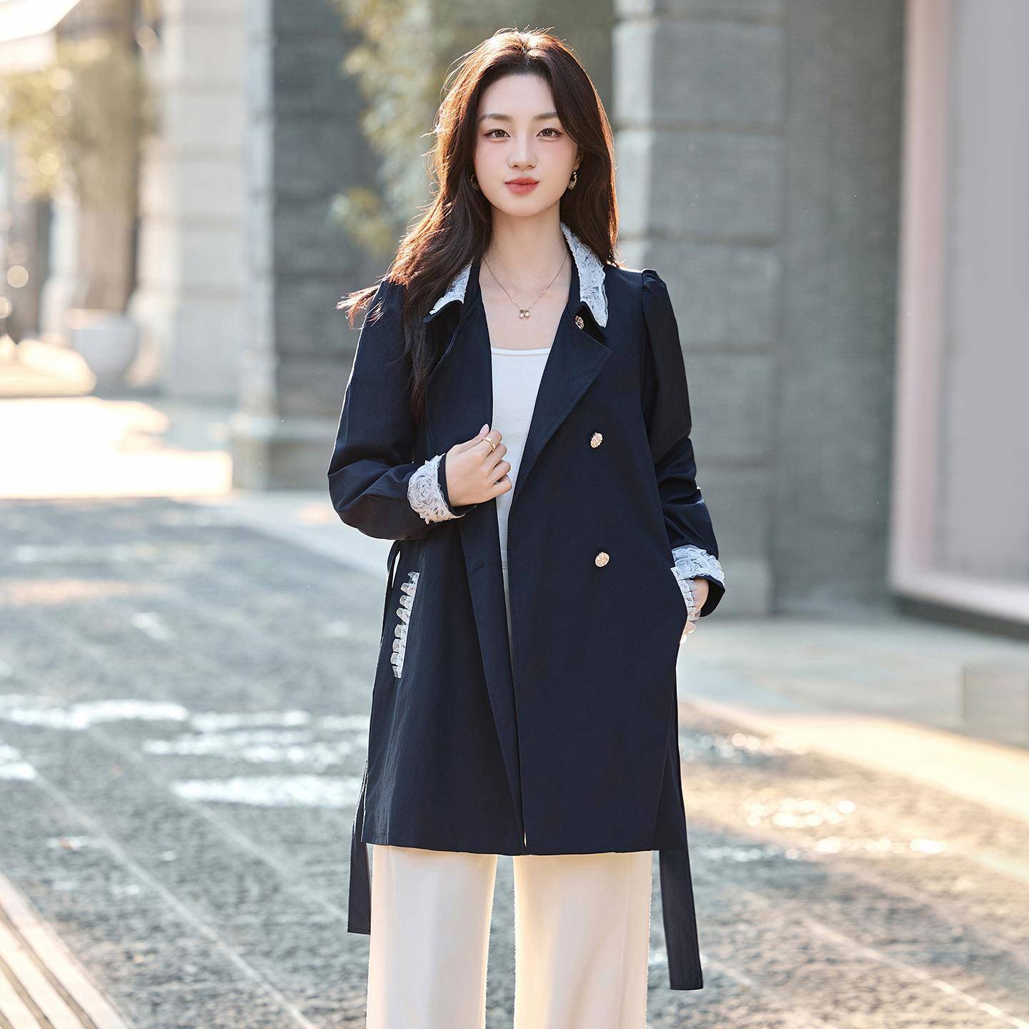 法式富3763千金风蕾丝娃娃领风衣女宽松外套2家025季秋衣外套HM上