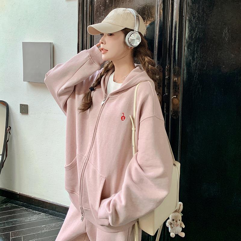 粉色休闲运动阔套0女C037-232春秋225新款韩版宽松减龄连帽装卫衣