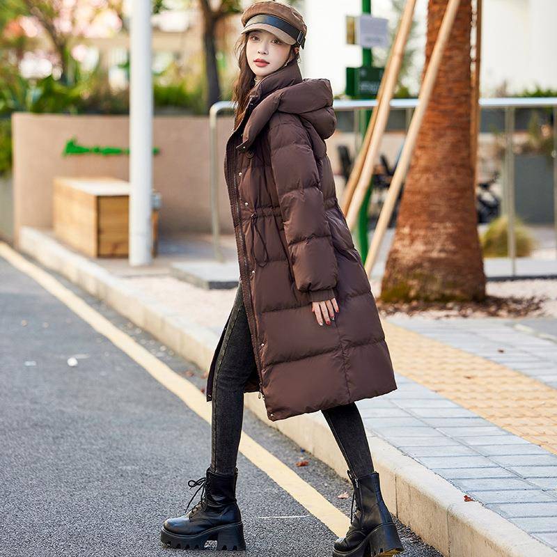 202新款SL9710-19白鸭绒羽抽绳收腰过膝连帽保暖又不臃0肿绒服外4