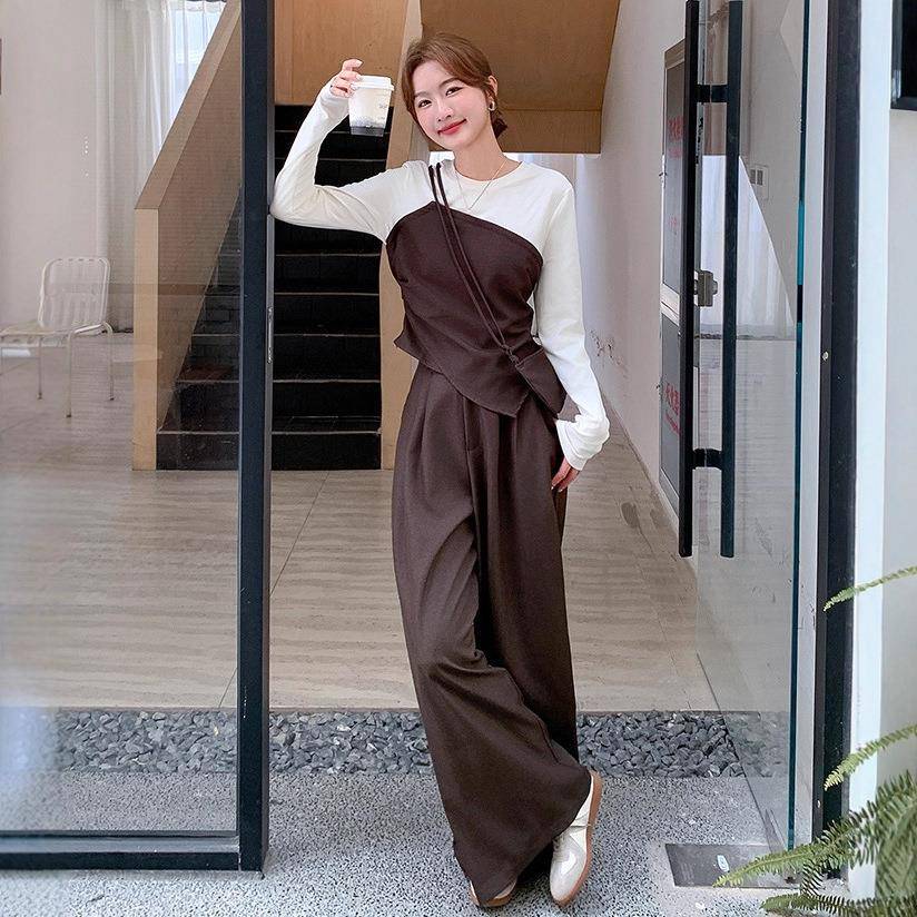 咖色复古c239-H96设女计感时尚休闲套装2件025秋假两拼上接衣阔腿