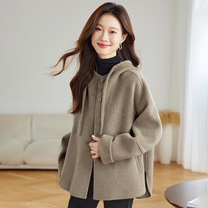 纯色抽连帽单排多扣YE6286落肩袖保暖秋冬6双绳面羊毛大衣毛外呢