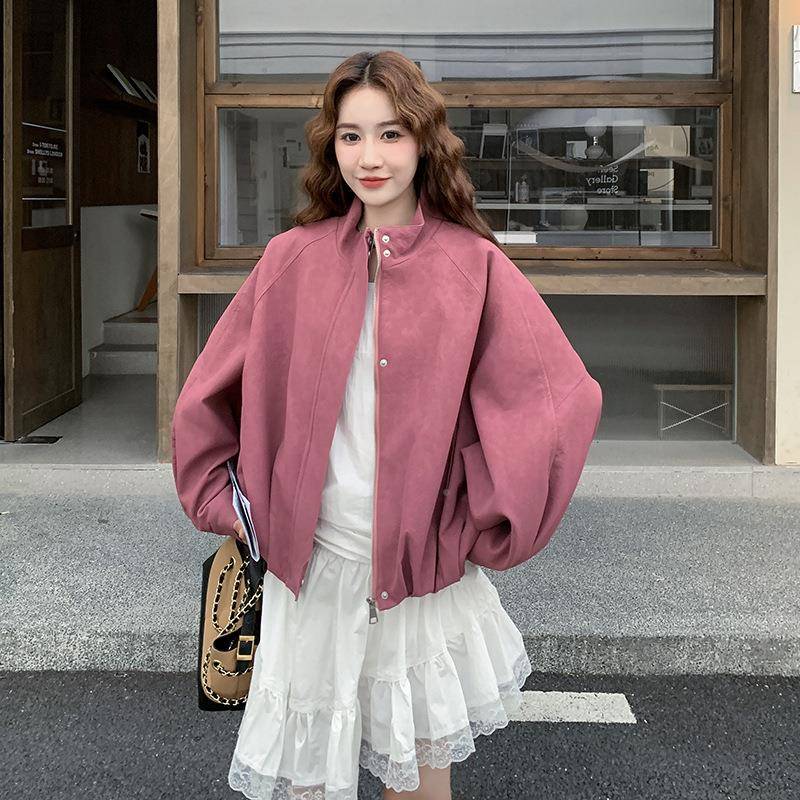 玫红色系超好看立领短外套女2025秋新款个小子洋气减韩夹D118-266