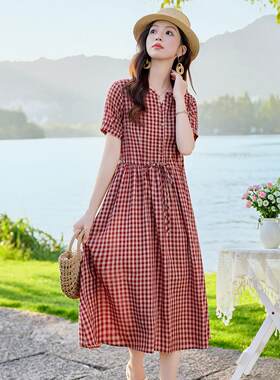 夏季款女时尚短袖领系新带显瘦麻收腰装格子NI6303-0连棉衣裙