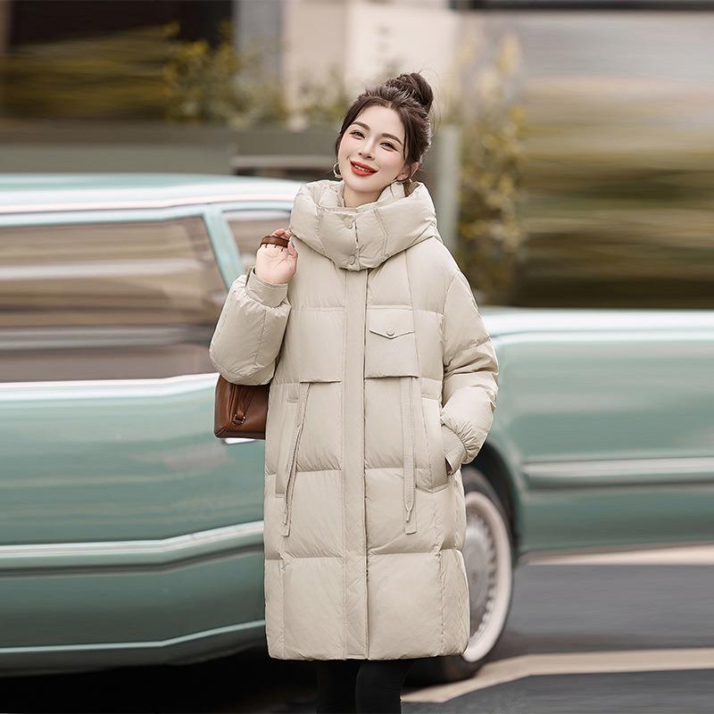 HE99822-女羽绒服冬新中款过膝长加厚连帽保暖式908白鸭绒时尚外