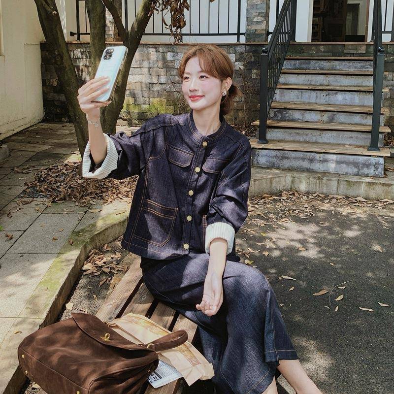 2蓝色牛仔外两套阔腿裤件套205年春季C137-825新款时女尚学院风搭