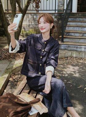 2蓝色牛仔外两套阔腿裤件套205年春季C137-825新款时女尚学院风搭