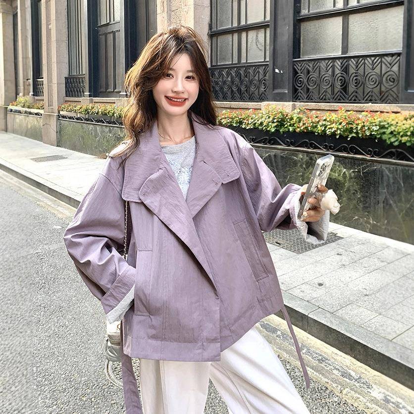 紫色款立领风衣外套女2C259-995025秋季韩新款系小个子系带短上收