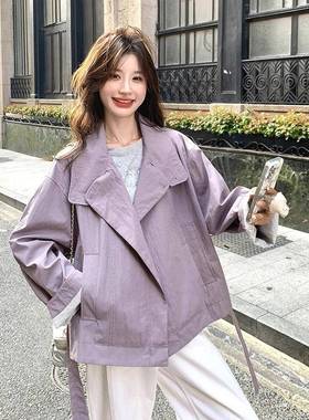 紫色款立领风衣外套女2C259-995025秋季韩新款系小个子系带短上收