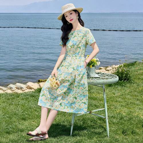 夏季新款碎女装腰花度NI6805-0风绿色显瘦收中长款时尚连假衣裙