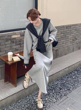 灰色秋闲减龄套装裙女季2休025新韩版条2B235-91纹披款肩卫衣半身