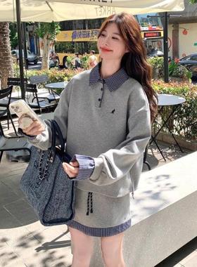 灰色韩系学院风休闲运动装裙女套B260-5262接025秋季条纹拼衣短裙