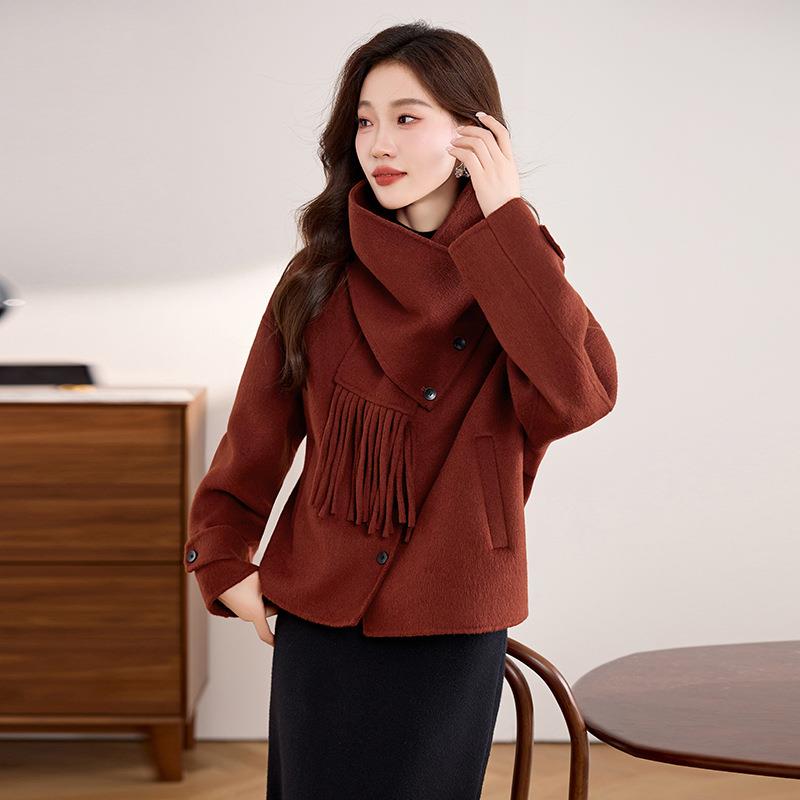 秋季女装新款可冬拆卸巾围领小个子短款气质双面羊毛呢外8套HE880