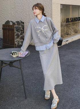 灰色休三件套女20蝴25秋季新款亮片蝶结衣条纹衬C077-267衫半身卫