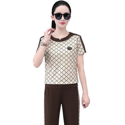 薄款闲运动套装女夏季新休款小个子时尚176-8857印丝花冰袖跑步服