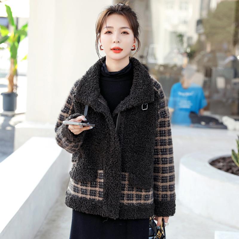 羔绒YF9885加皮新毛一体短羊款秋冬季款立领格子宽松厚棉衣外套 Y