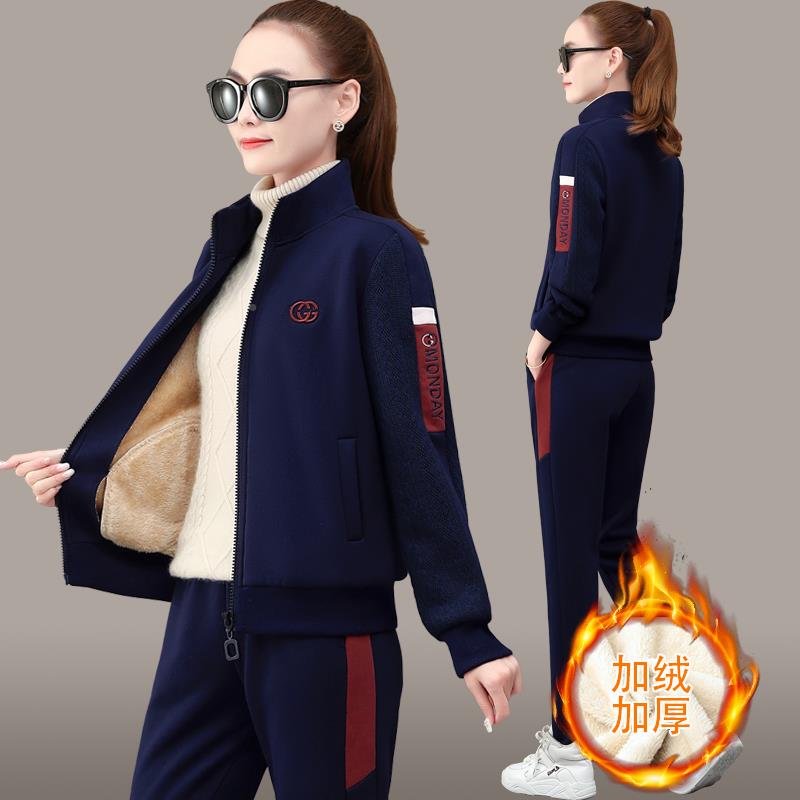 冬季加绒运套装女2厚023新款时气质洋气加44-20D02休闲卫衣两尚动