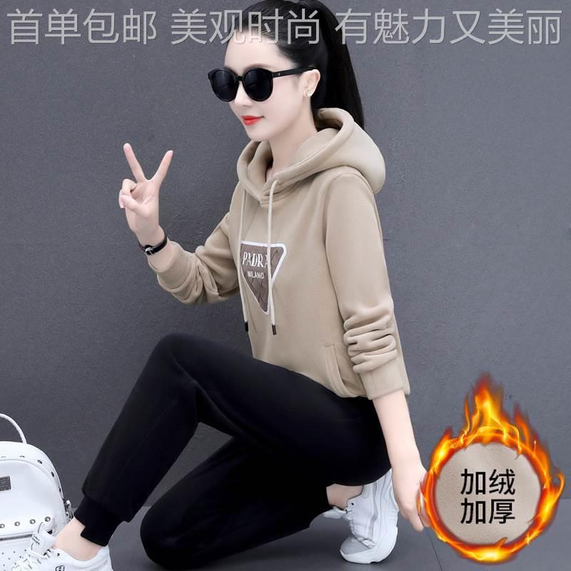 欧加货卫衣套装女秋冬时尚洋气绒厚运服跑步动宽松1-6055休闲两件