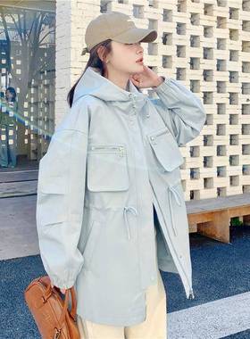 蓝色超好看抽连帽工装外套女2025季韩C118-F82系小个子秋减龄休绳