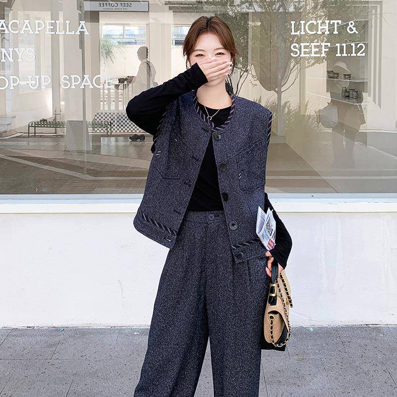 色休闲计感穿搭套D113-C33装女225初秋灰新款条纹拼接马甲设0阔腿