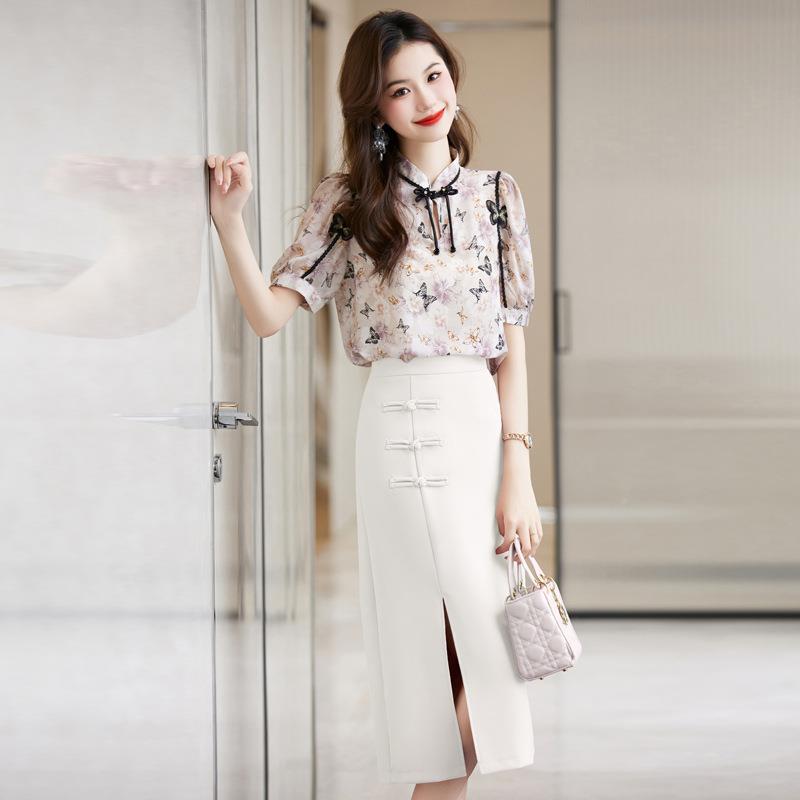 复古立领蝴蝶洋气减龄衬盘衣百显瘦复HR-A629-古搭扣半裙身套装HR