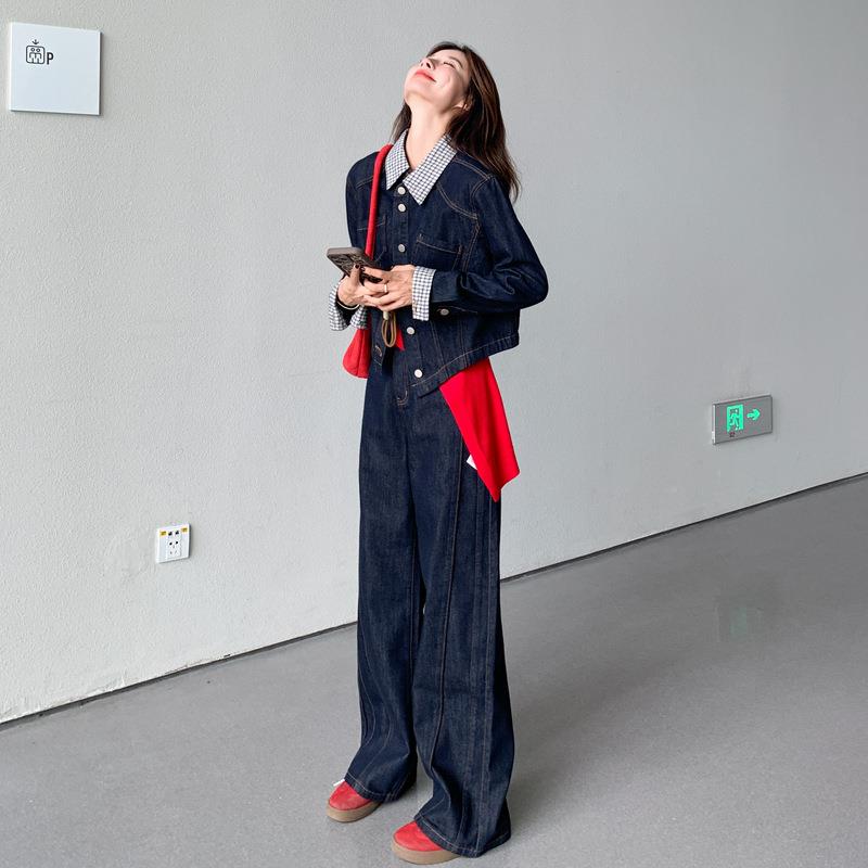 深蓝休闲牛仔套装女205秋季新款2韩风ch裤C196-662ic一整套阔腿子