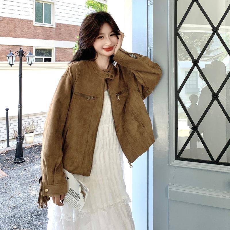 2夹025复秋季新款女HS3313-0装克古仿领麂皮绒立宽松百搭休闲上衣