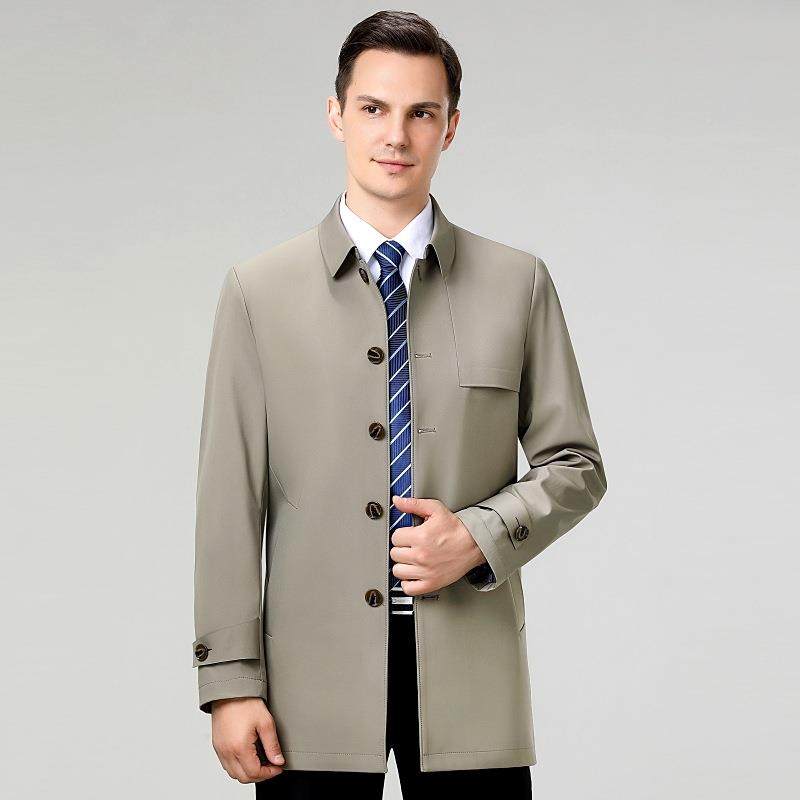 224桑蚕商丝中长闲款风衣男秋季0新款务休上衣爸爸装2385薄款翻领