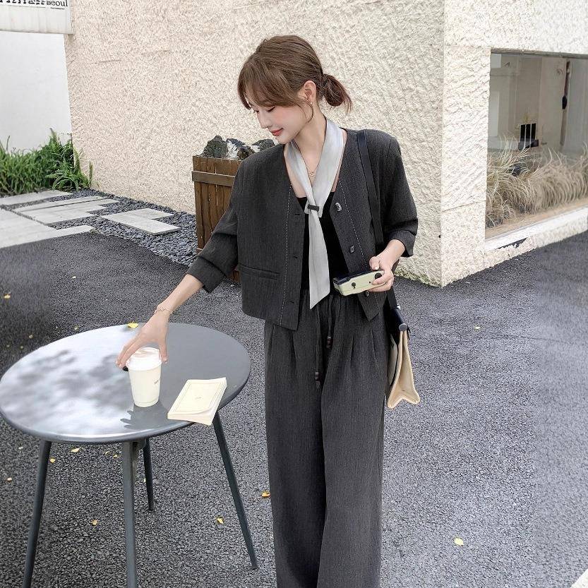 灰色V领上件衣阔腿裤两套B186-812女搭225秋季新款时尚小0众设计