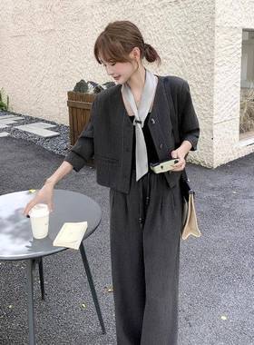 灰色V领上件衣阔腿裤两套B186-812女搭225秋季新款时尚小0众设计
