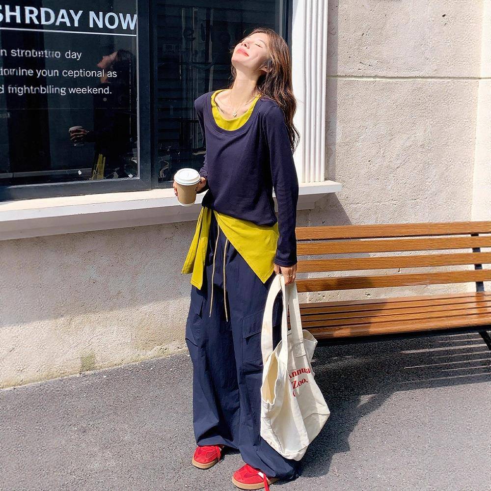 韩系休闲撞新色假D034-685件T恤披肩套装两女202秋款松弛感5工装
