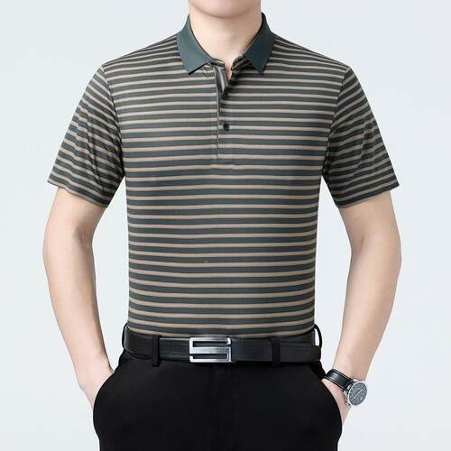 夏新款男冰丝短8003-P袖恤衣衫闲时尚条纹商务翻休领桑蚕士丝上男